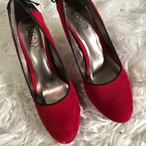 Red suede lace up back heel